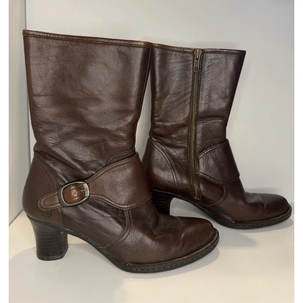 BORN BRAND LEATHER MID CALF ZIP UP/BUCKLE BROWN WOMENS BOOTSSZ 7.5